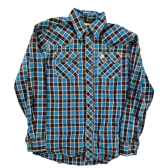 Wrangler Retro Boys Western Snap Shirt Size L 10-12 Blue Brown Plaid Pearl Snap - Picture 1 of 7